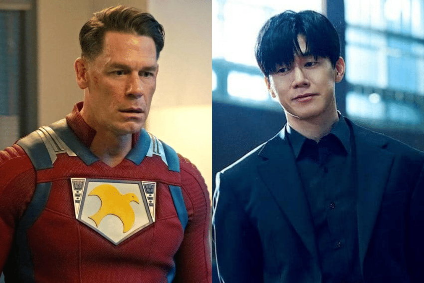 Dua aktor tampil dalam adegan berbeda, satu mengenakan kostum superhero merah dengan logo burung, dan satu lagi mengenakan setelan hitam di ruangan modern.