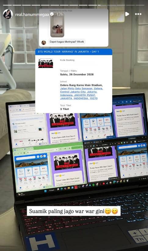 Layar laptop menampilkan beberapa tab situs penjualan tiket konser BTS World Tour Arirang di Jakarta 2026 dengan pesan keberhasilan pembelian tiket.