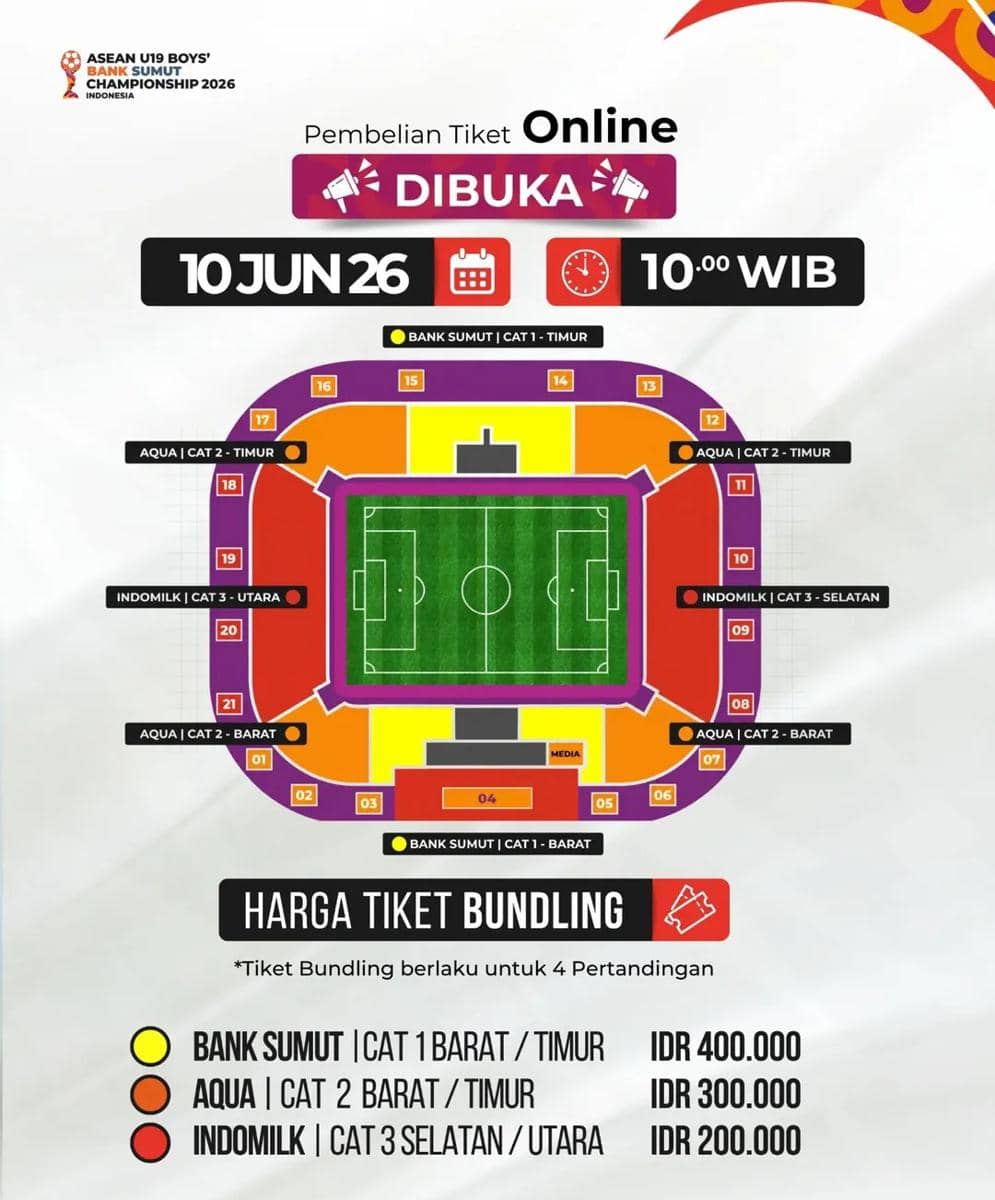 Poster informasi pembelian tiket online semifinal dan final Piala AFF U-19 2026 dengan jadwal pembukaan 10 Juni pukul 10.00 WIB serta rincian harga tiket bundling.