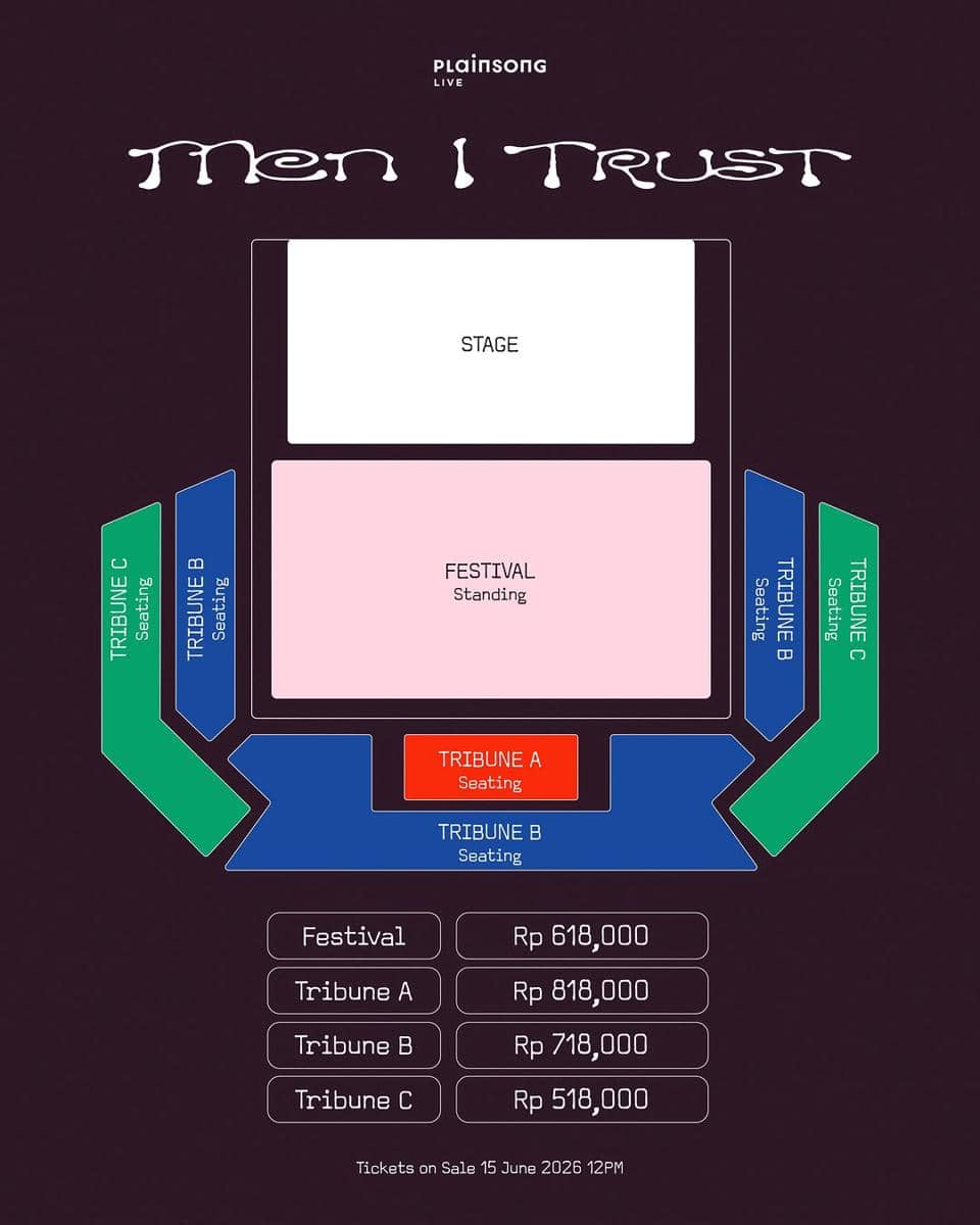 Denah tempat duduk dan harga tiket konser Men I Trust di Jakarta tahun 2026 dengan kategori Festival, Tribune A, B, dan C.