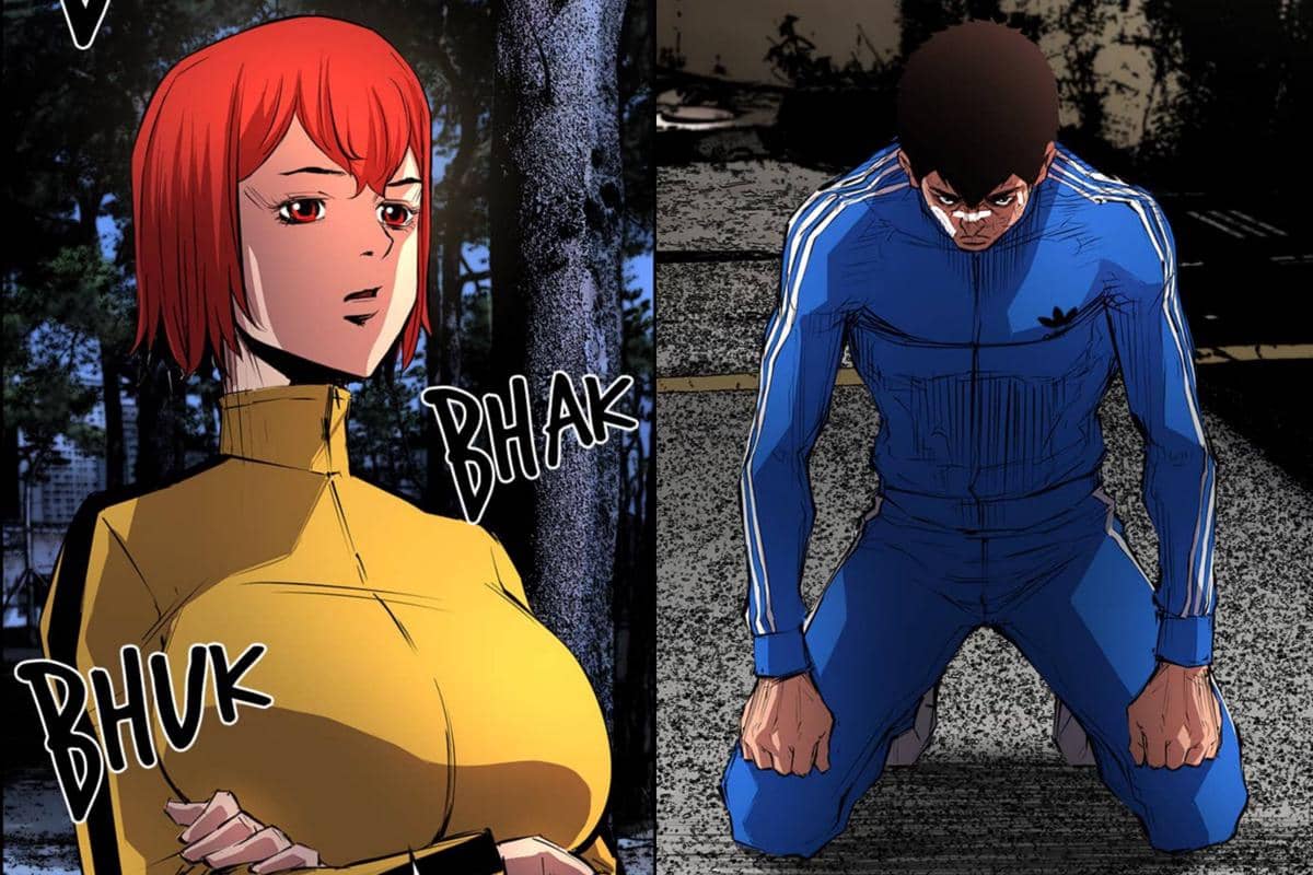 Dua karakter webtoon Hanlim Gym, seorang wanita berambut merah mengenakan pakaian kuning dan seorang pria berjongkok memakai pakaian olahraga biru.