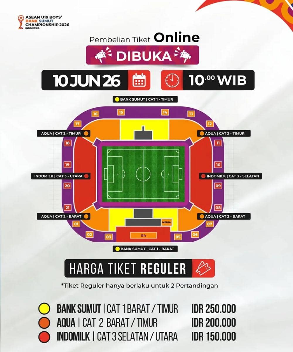 Poster informasi harga tiket semifinal dan final Piala AFF U-19 2026 dengan denah stadion dan kategori tempat duduk berdasarkan warna.