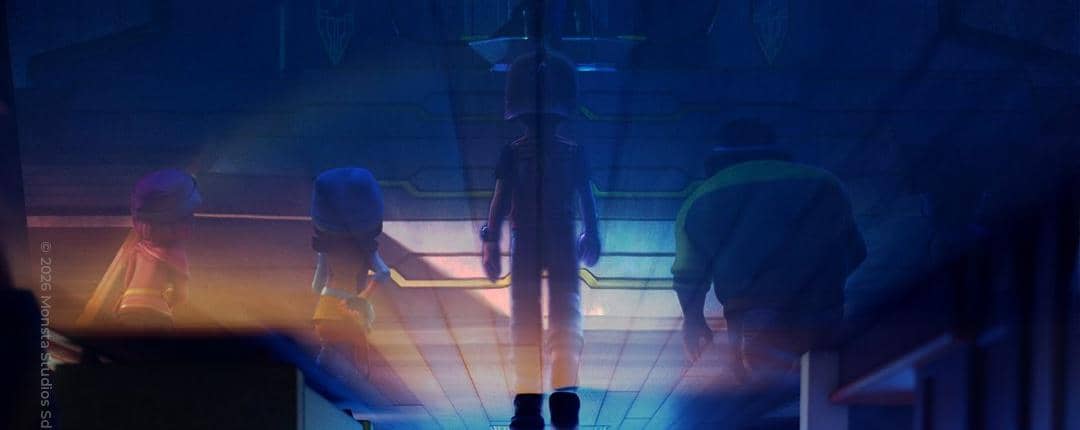 Poster teaser animasi menampilkan empat karakter berjalan di koridor bercahaya biru dengan suasana misterius dan futuristik.