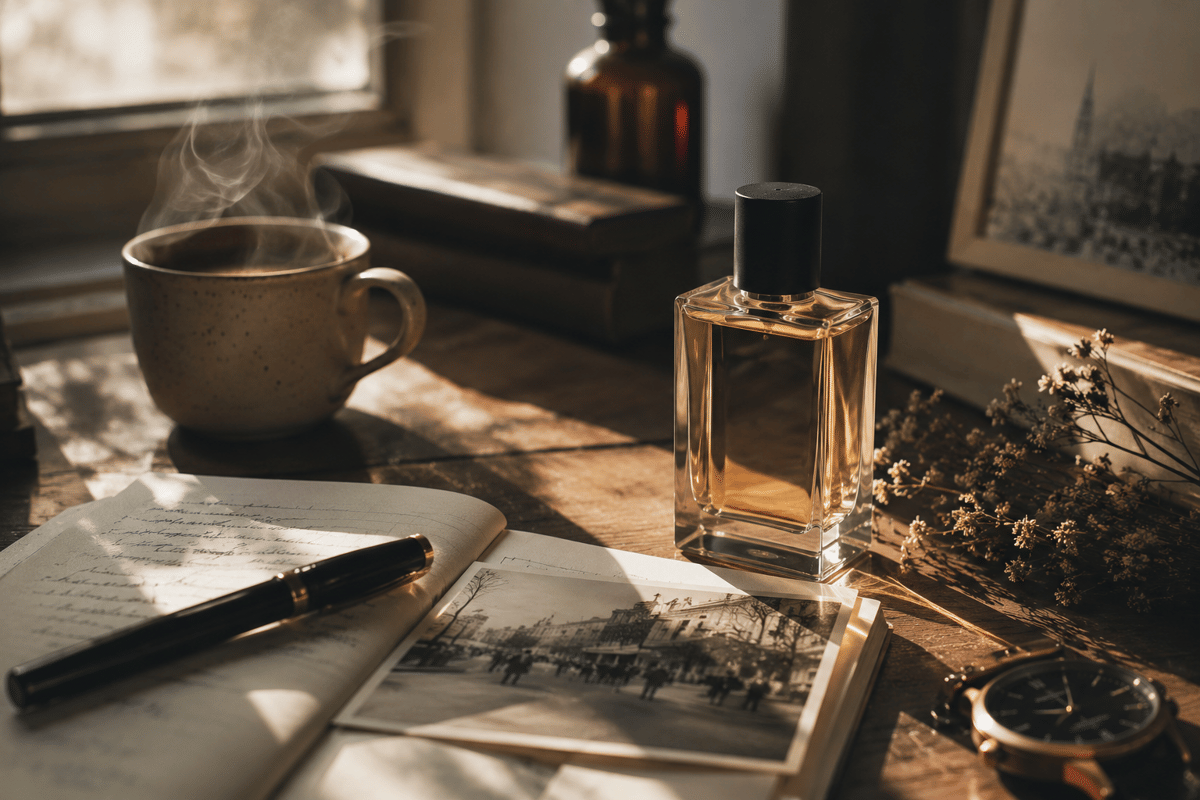 Parfum di atas meja kayu bersama secangkir kopi, foto lama, dan buku yang menggambarkan hubungan aroma dengan kenangan.