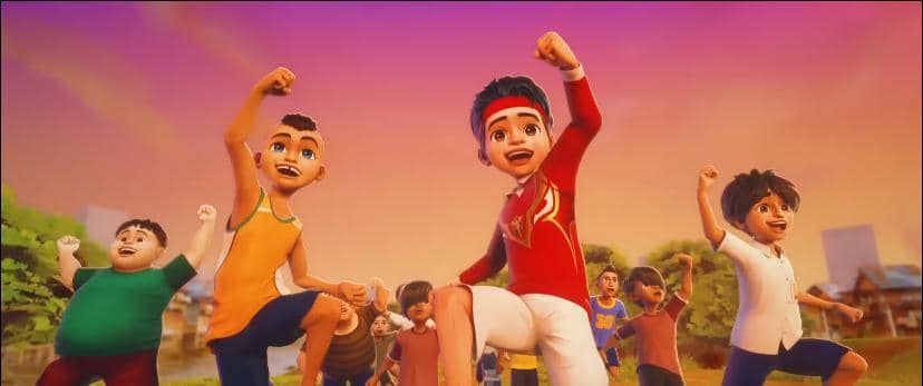 Sekelompok anak dalam film animasi Garuda di Dadaku berpose semangat di lapangan dengan latar langit senja berwarna jingga.