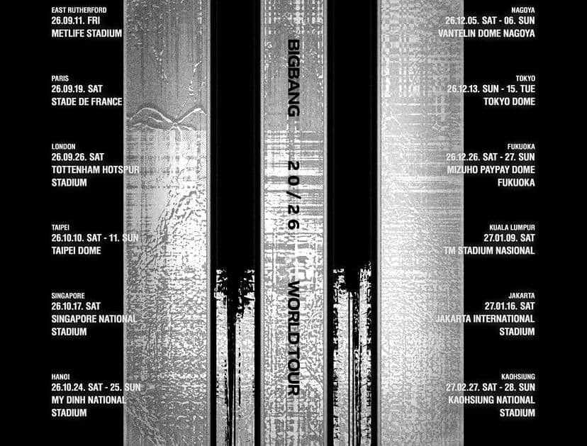 Poster tur dunia BIGBANG 2026 dengan daftar kota dan stadion di berbagai negara seperti Paris, London, Tokyo, dan Jakarta.