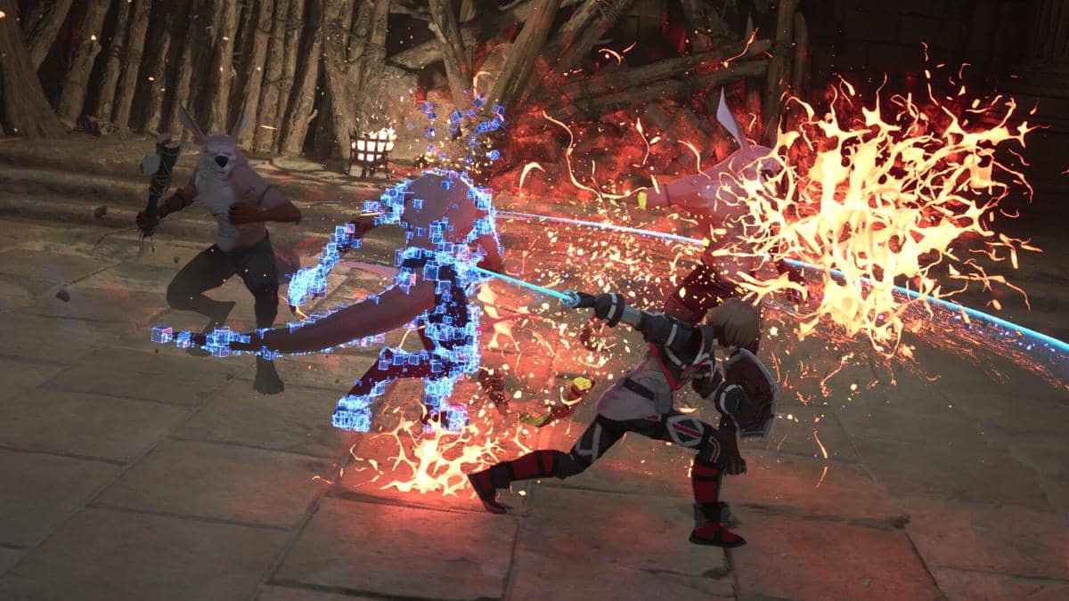 Karakter game bertarung menggunakan pedang bercahaya melawan musuh bertopeng di arena dengan efek api dan cahaya digital biru.