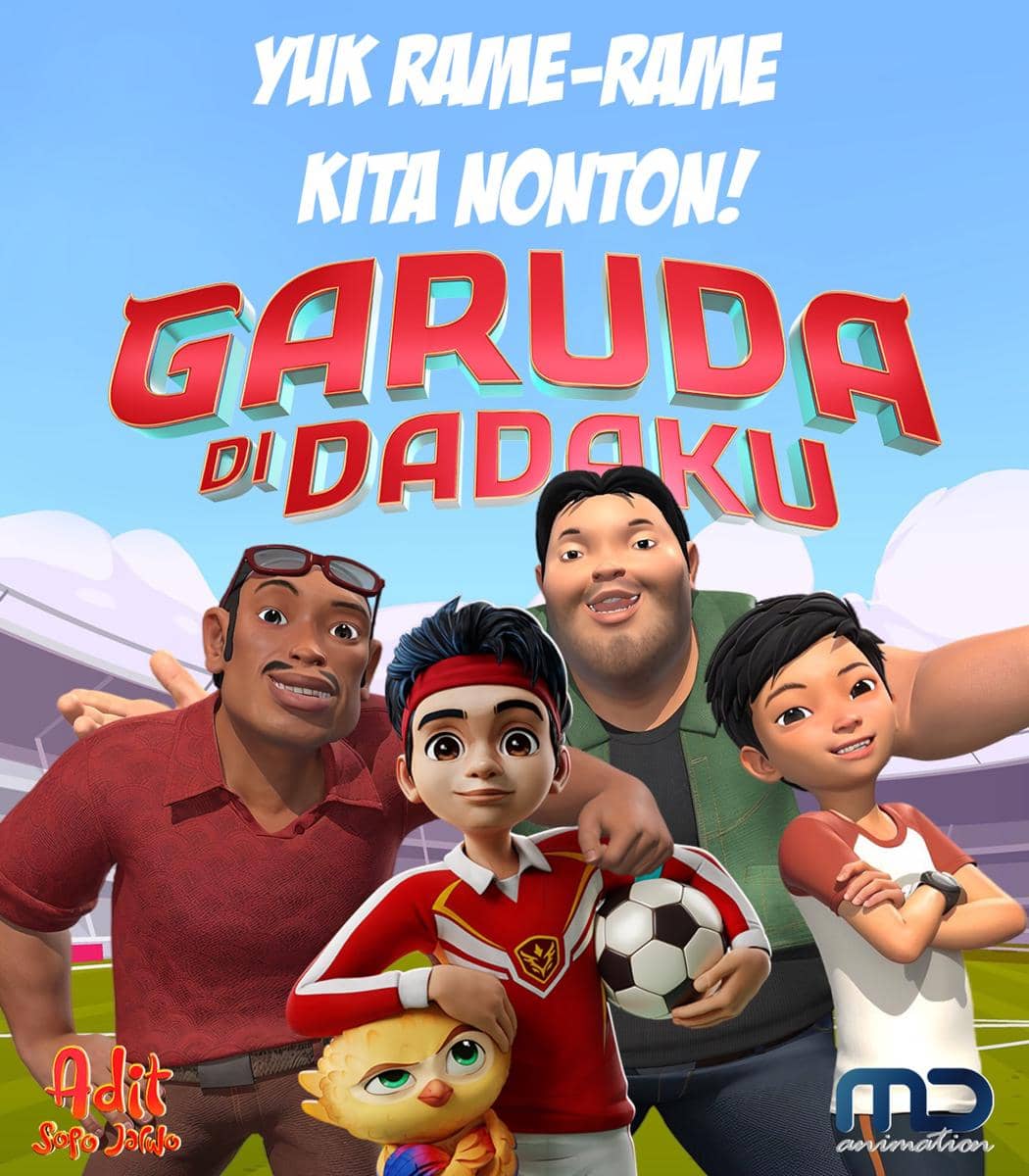 Karakter animasi Adit Sopo Jarwo bersama teman-temannya mengenakan pakaian sepak bola dengan latar stadion dan tulisan Garuda di Dadaku.