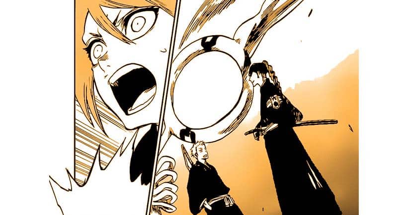 Ichika berteriak memperingatkan ayahnya tentang ancaman Jigoku no Gaki dalam adegan manga Bleach dengan latar warna oranye.