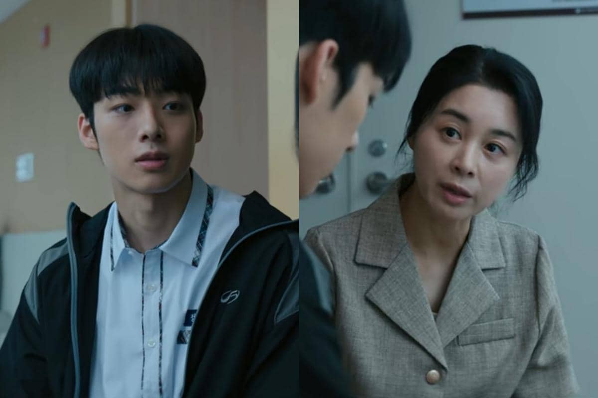 Dua adegan dari drama Korea Teach You a Lesson menampilkan seorang siswa berbicara dengan seorang wanita dewasa di ruangan sekolah.