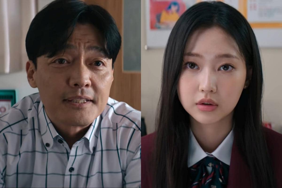 Dua karakter dalam drama Korea Teach You a Lesson, seorang pria berusia paruh baya dan siswi berseragam sekolah sedang berbicara serius.