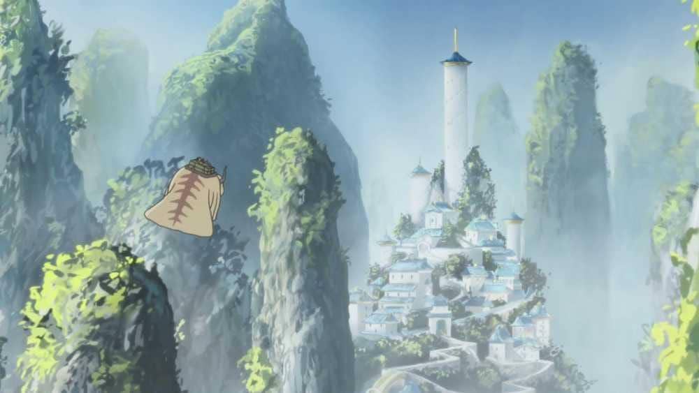 Pemandangan Kuil Udara Selatan di antara tebing tinggi berkabut dengan bangunan menara putih dan lanskap hijau dari serial animasi Avatar: The Last Airbender.