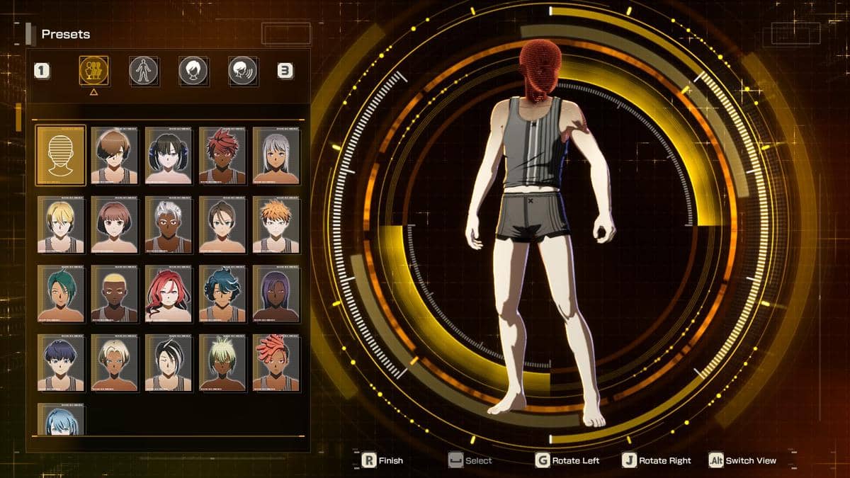 Tampilan layar pembuatan karakter dalam permainan video dengan berbagai pilihan wajah dan model rambut bergaya anime di sisi kiri.