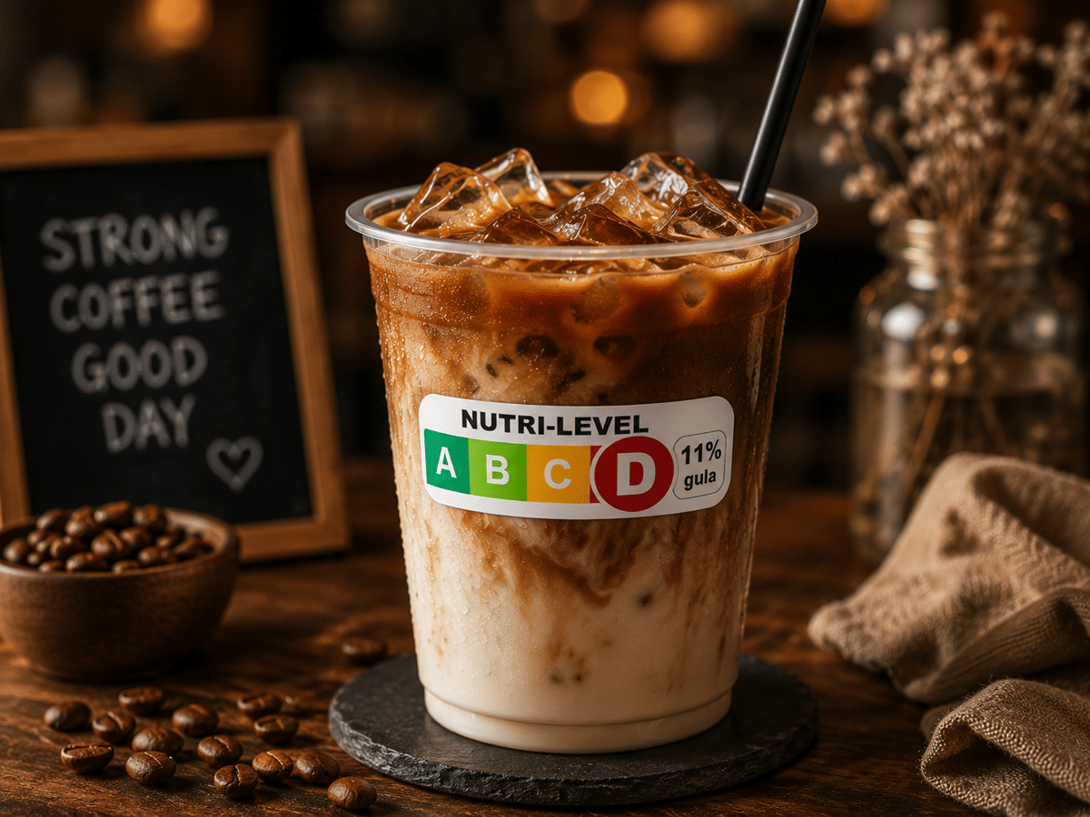 Ilustrasi foto kopi susu berlabel nutri level.