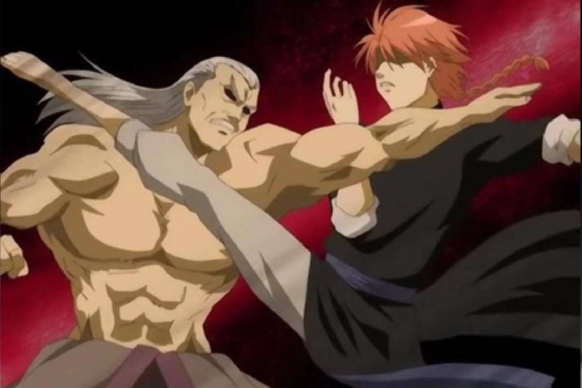 Dua karakter anime sedang bertarung sengit, satu pria berotot berambut panjang melawan pria berambut merah dengan latar merah gelap.