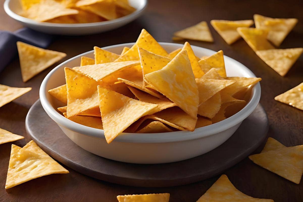 Tumpukan tortilla chips segitiga berwarna keemasan dalam mangkuk putih di atas meja kayu dengan beberapa keping berserakan di sekitarnya.
