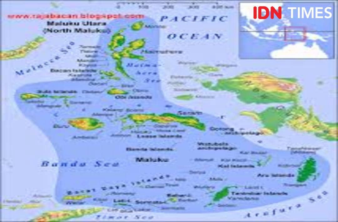 Peta wilayah Halmahera di Maluku Utara yang menunjukkan lokasi asal batu bacan beserta pulau-pulau sekitarnya di Indonesia timur.