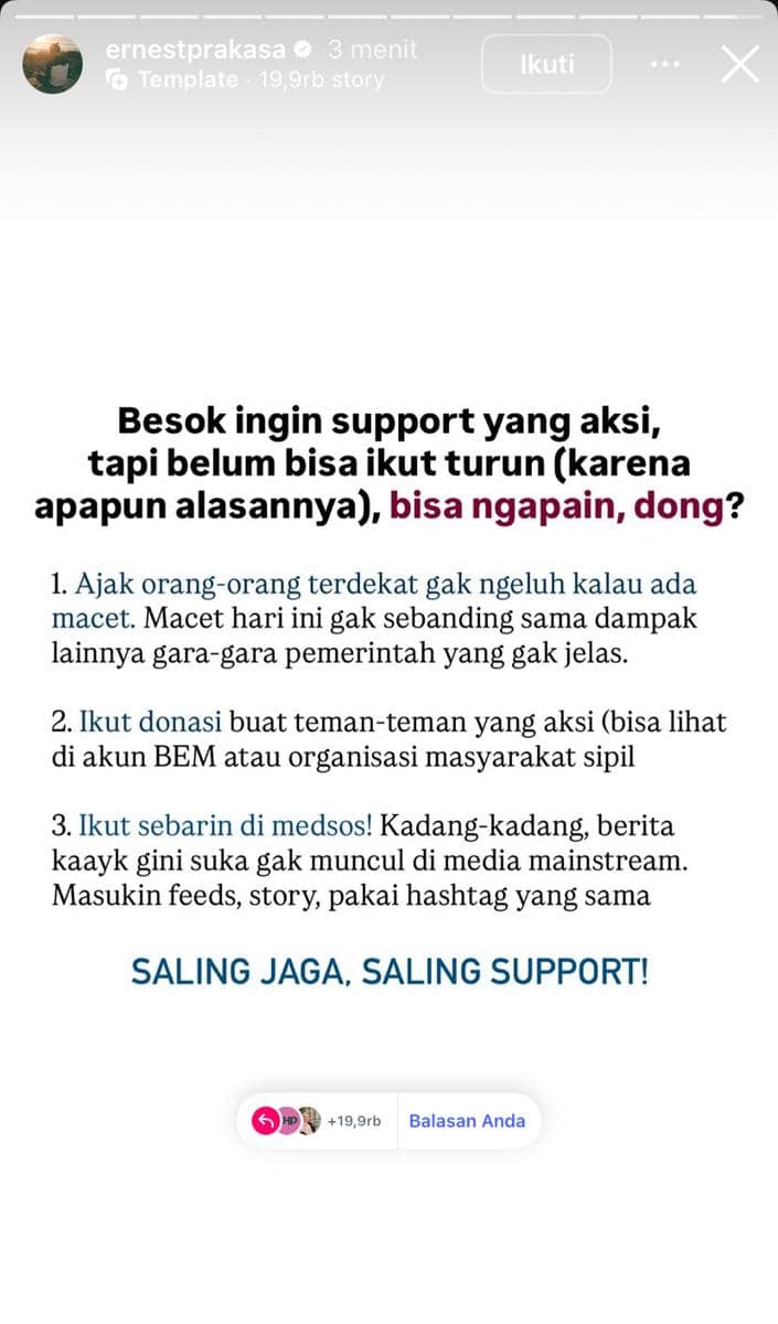 Tangkapan layar Instagram Story berisi ajakan untuk mendukung aksi dengan cara berdonasi, menyebarkan informasi di media sosial, dan saling support.
