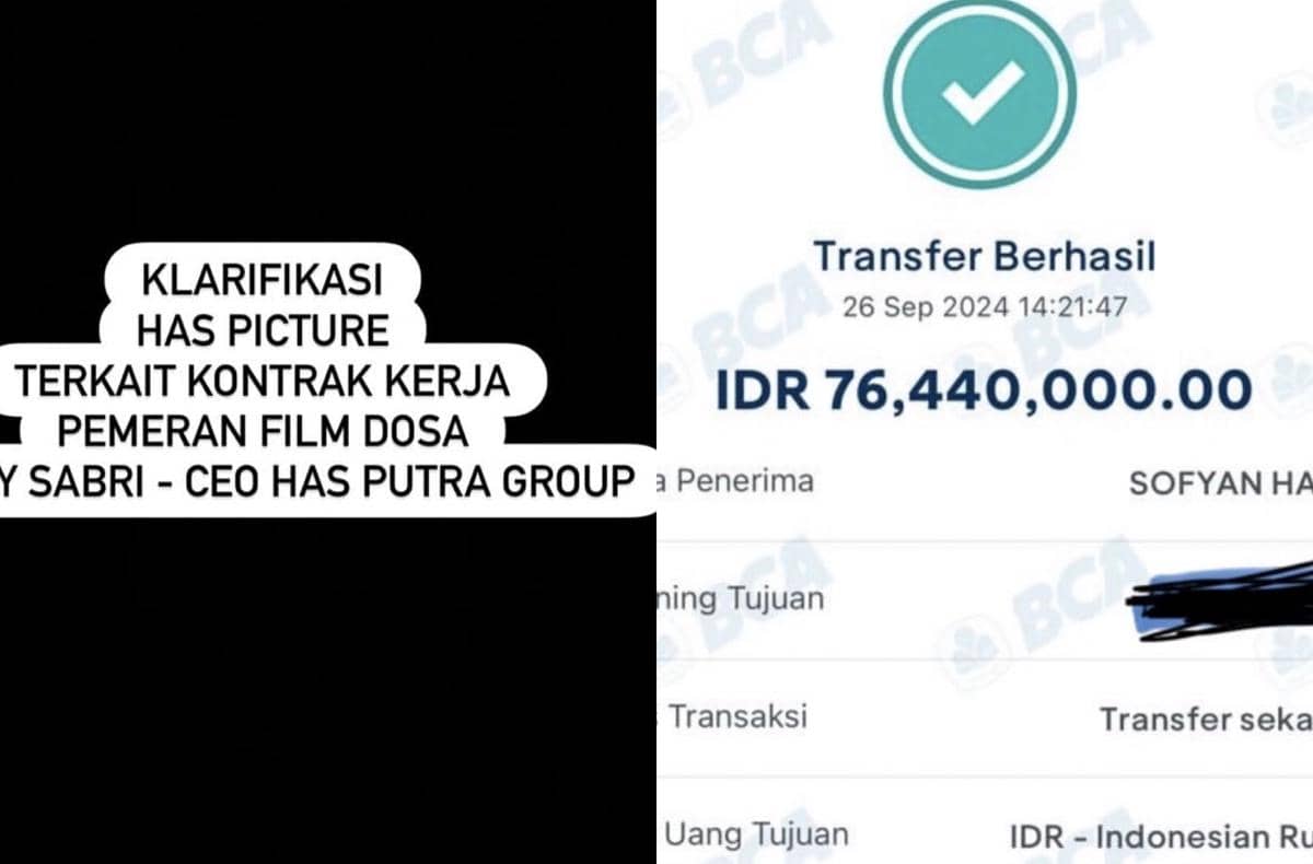 Tangkapan layar klarifikasi Haldy Sabri terkait kontrak kerja dengan bukti transfer bank sebesar Rp76.440.000 pada 26 September 2024.