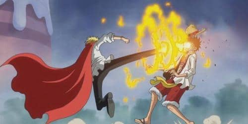 Pertarungan sengit antara Sanji dan Luffy di anime One Piece, menampilkan tendangan api Sanji yang mengenai Luffy.