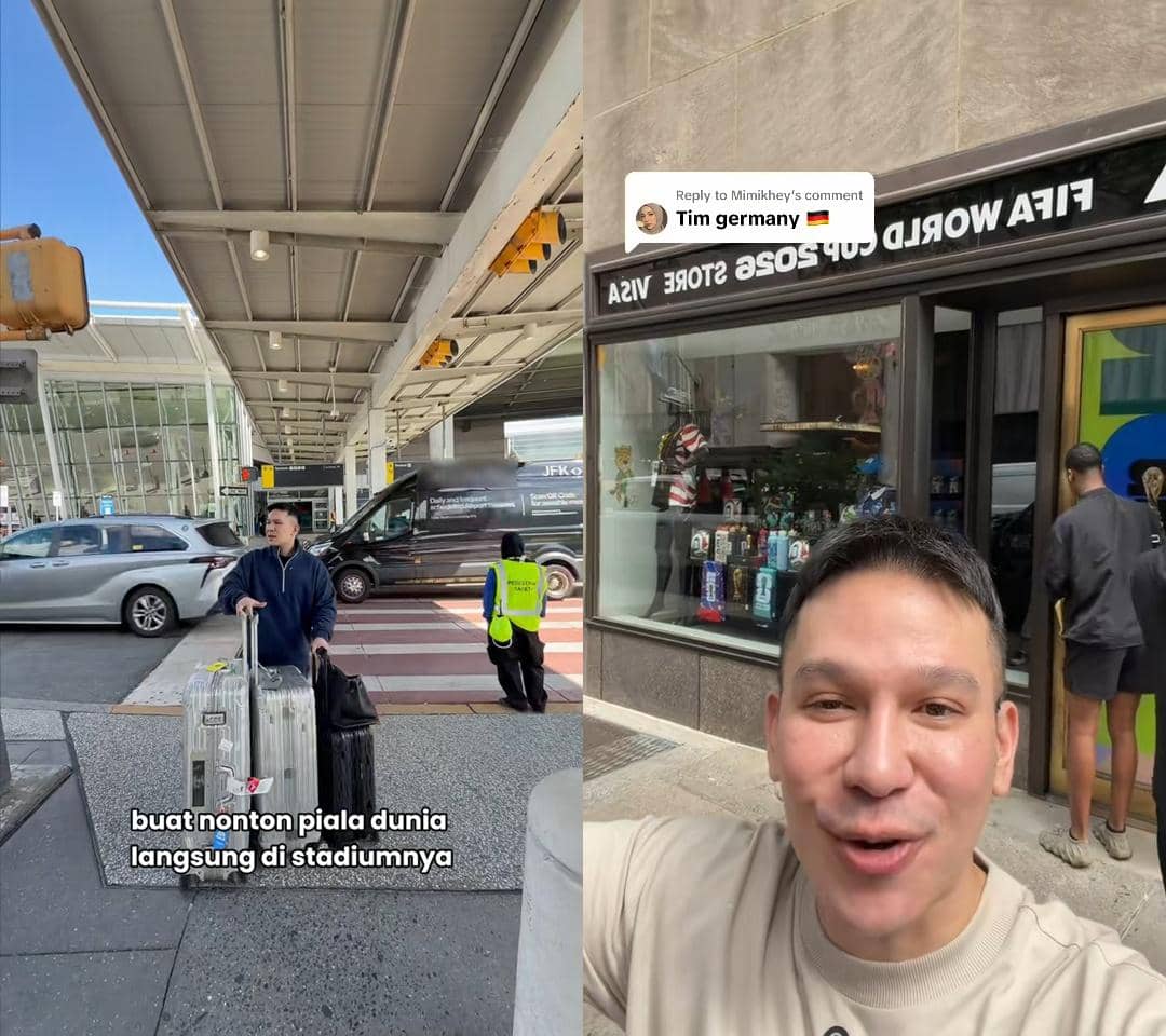 Seorang pria Indonesia tiba di bandara Amerika Serikat dengan koper besar dan berfoto di depan toko bertema Piala Dunia 2026.