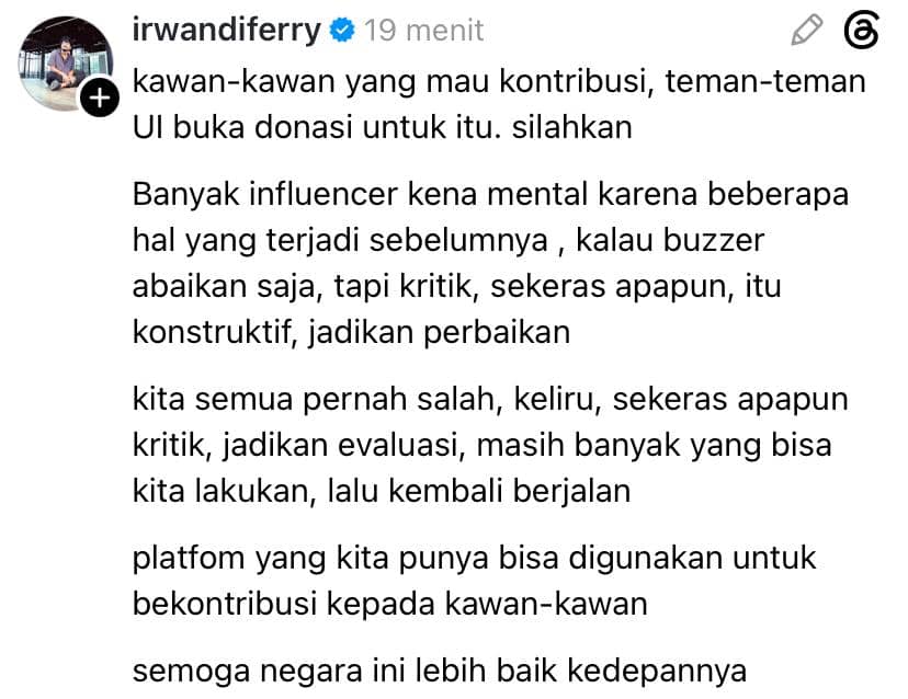 Tangkapan layar unggahan Threads dari akun irwandiferry yang berisi ajakan berdonasi dan pesan tentang menerima kritik secara konstruktif.