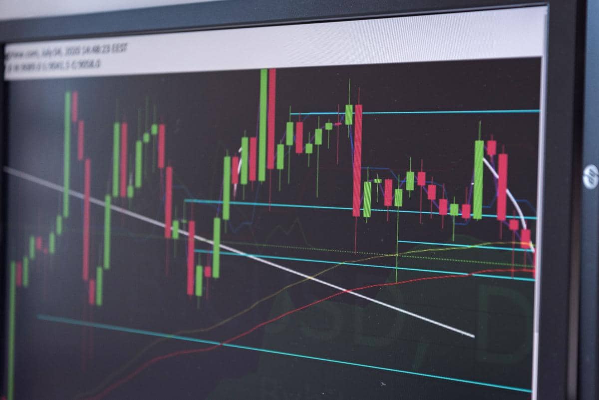 Grafik candlestick berwarna merah dan hijau pada layar komputer yang menampilkan pergerakan harga pasar keuangan.