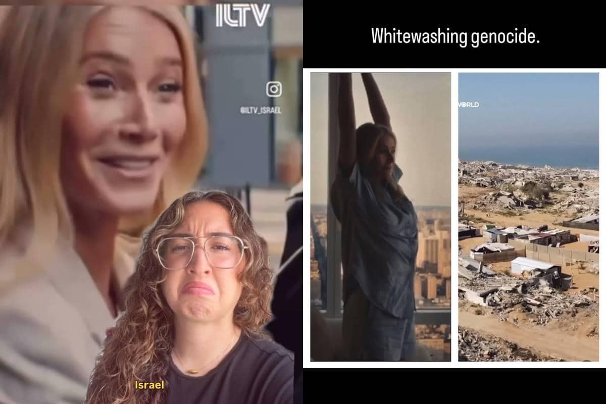 Kolase unggahan media sosial yang menampilkan tanggapan seorang perempuan terhadap video wawancara dan pemandangan wilayah yang hancur dengan teks sindiran.