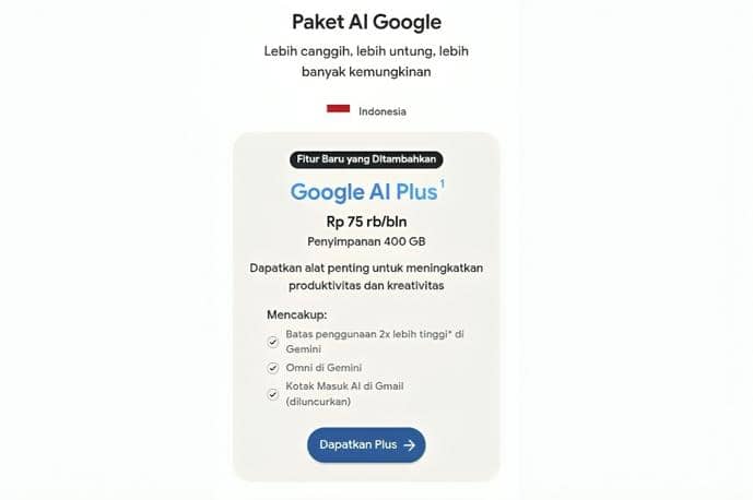 tampilan paket Google AI Plus di Indonesia pada laman Google One