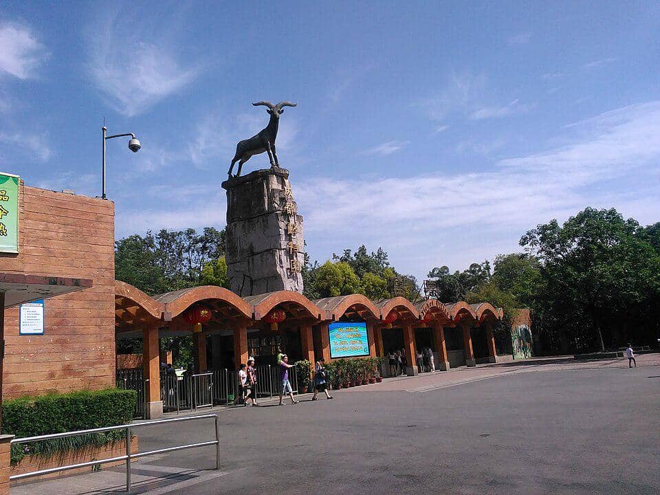 Pintu masuk Kebun Binatang Chengdu dengan patung kambing besar di atas pilar batu dan beberapa pengunjung berjalan di area depan.