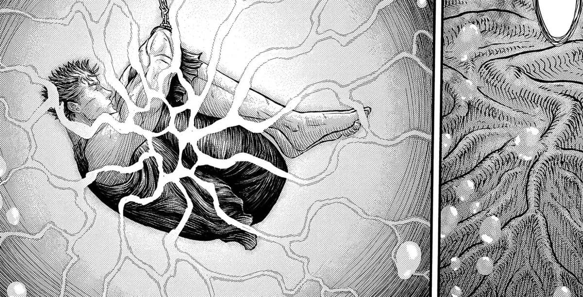 Ilustrasi karakter Guts yang tenggelam dalam cangkang organik bercahaya yang menyelimuti tubuhnya dalam adegan manga Berserk.