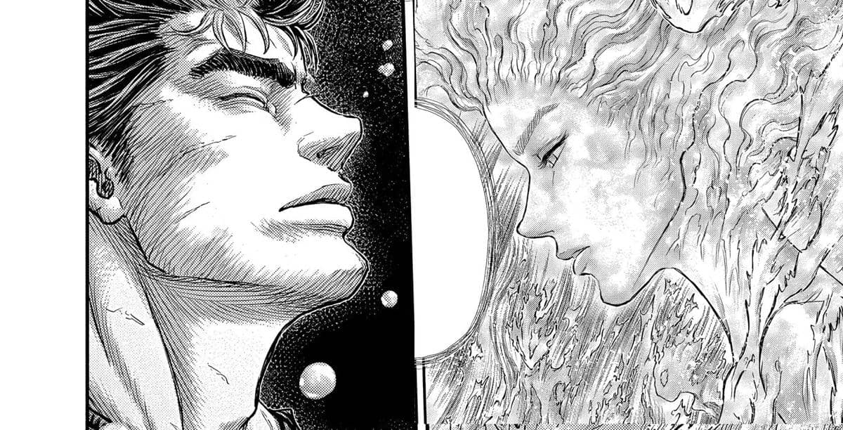 Ilustrasi karakter Guts menutup mata di sisi kiri dan roh misterius dengan wujud etereal di sisi kanan dalam panel manga Berserk.
