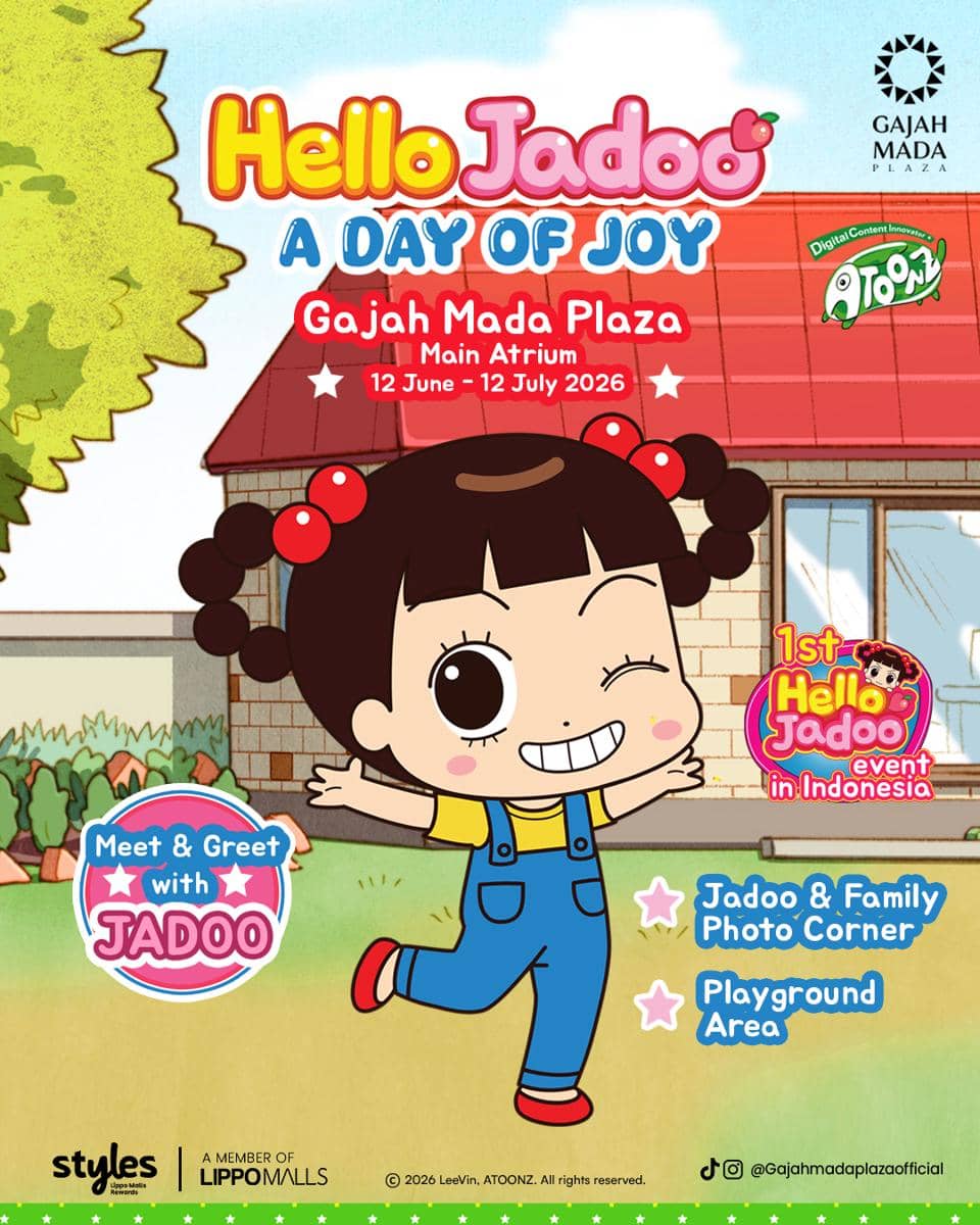 Poster acara Hello Jadoo A Day of Joy di Gajah Mada Plaza Jakarta menampilkan karakter Jadoo dengan latar rumah dan informasi jadwal acara.