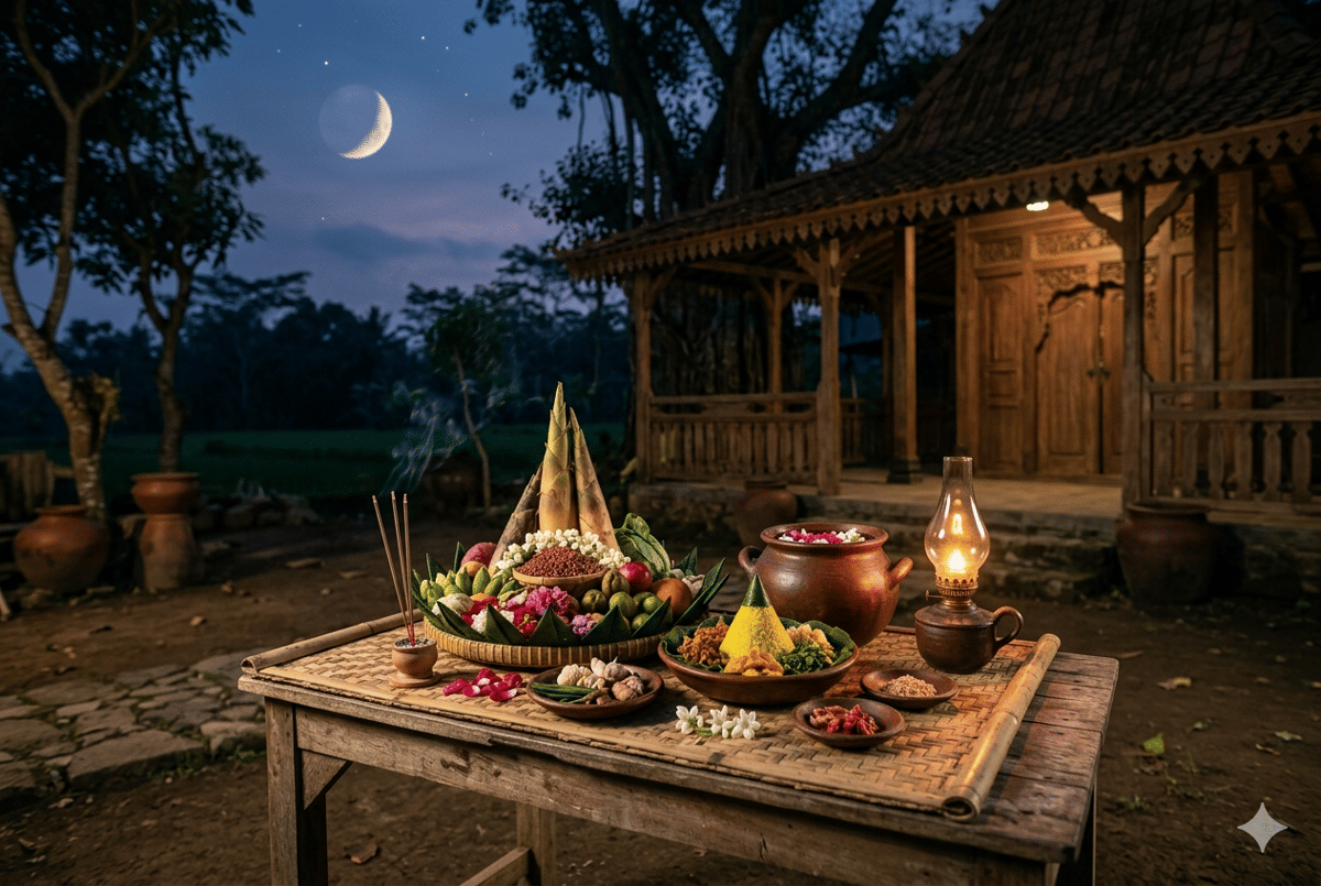 Ilustrasi tradisi malam satu Sura yang identik dengan suasana sakral, sesaji, dan refleksi diri.