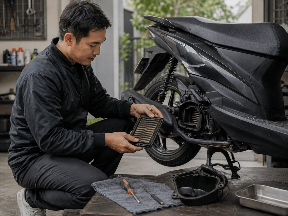 Filter udara kendaraan diperiksa untuk menjaga aliran udara menuju mesin tetap bersih.