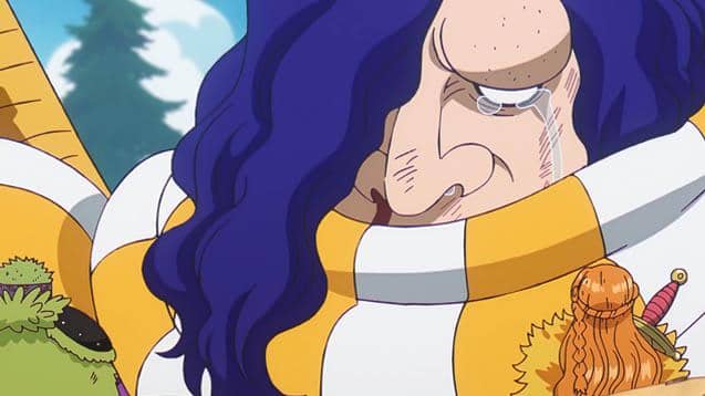 Karakter Road dari anime One Piece menangis sambil meminta maaf kepada anggota grup Topi Jerami dengan ekspresi sedih.
