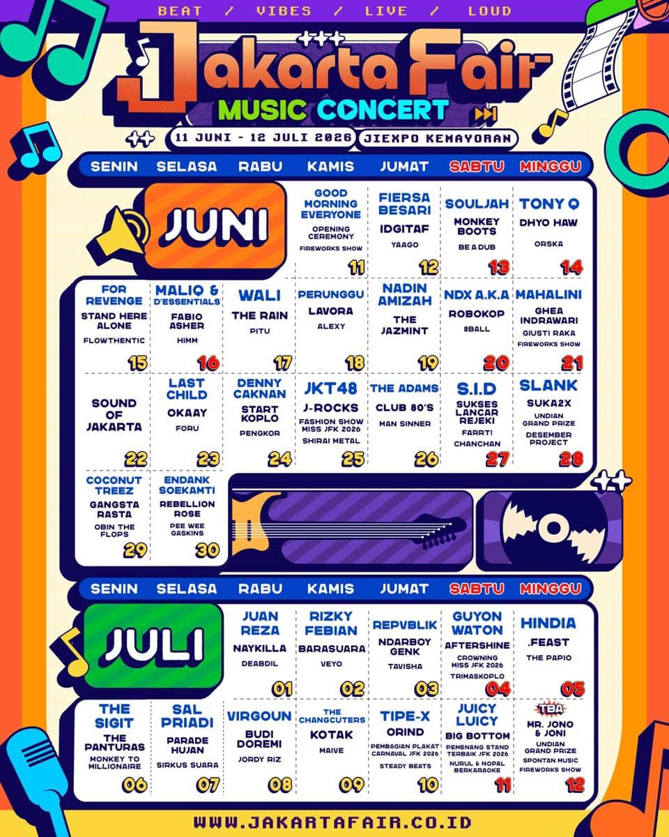 Poster jadwal konser musik Jakarta Fair 2026 di JIExpo Kemayoran menampilkan daftar artis dan tanggal pertunjukan bulan Juni hingga Juli.