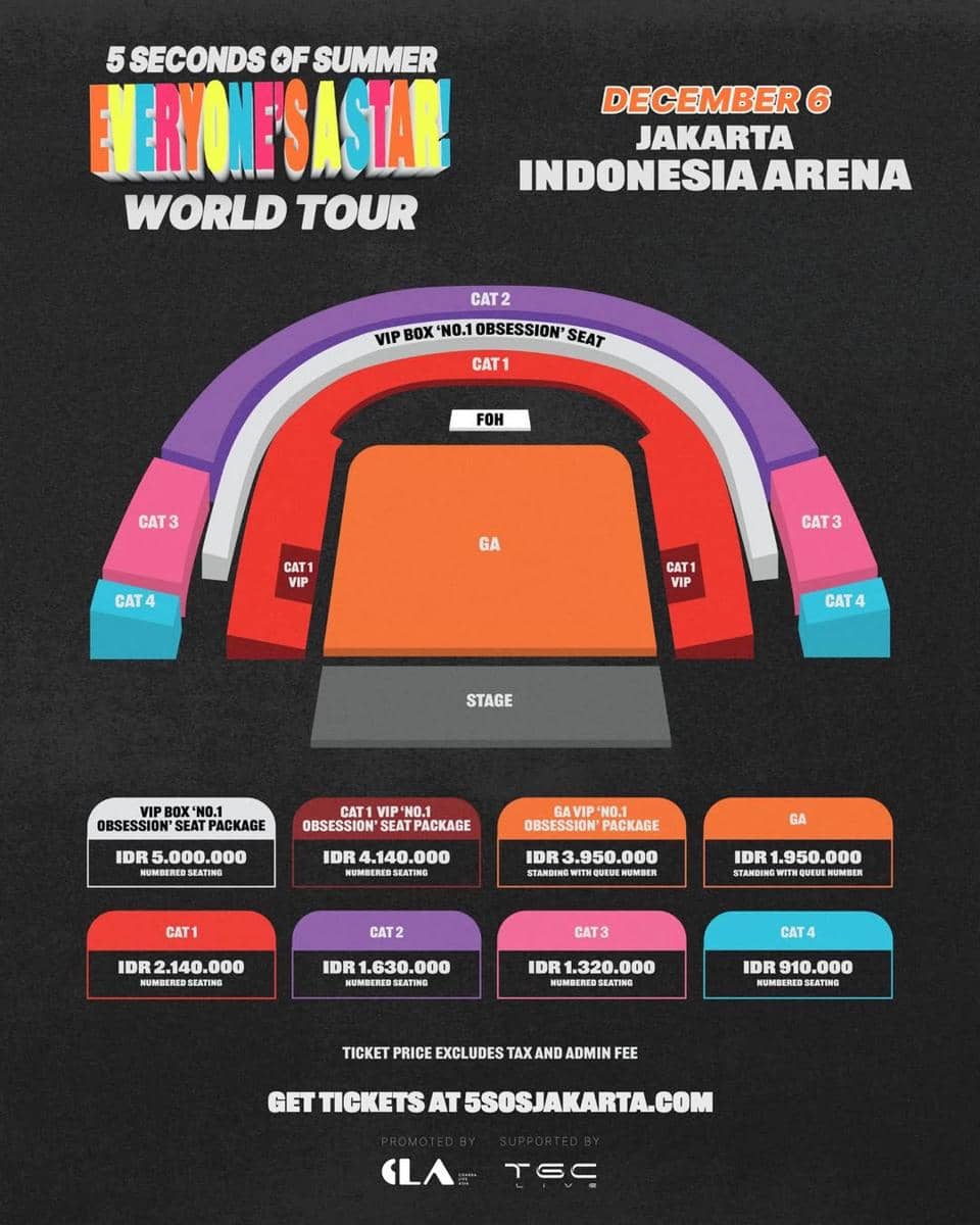 Poster tur dunia 5 Seconds of Summer di Jakarta menampilkan denah tempat duduk dan harga tiket konser di Indonesia Arena.