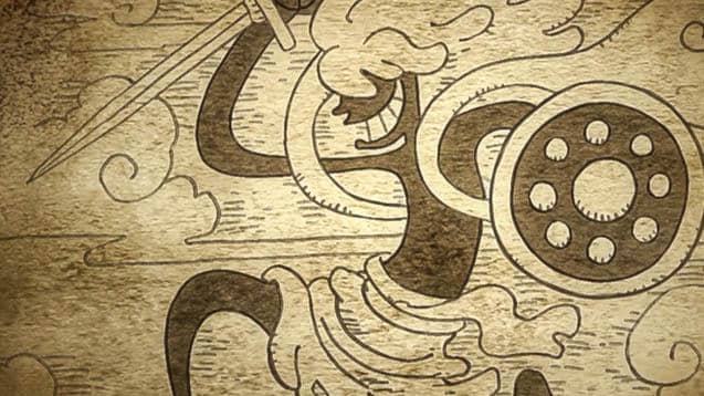 Mural bergaya kuno menggambarkan sosok Nika dengan pedang dan perisai di Elbaph dari serial animasi One Piece.