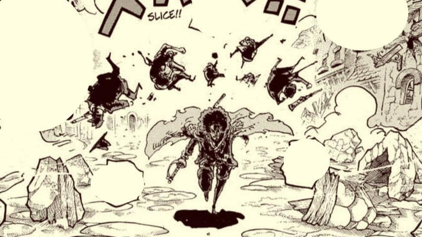 Brook menyerang beberapa anggota Angkatan Laut dengan pedangnya di tengah reruntuhan bangunan dalam adegan manga One Piece.