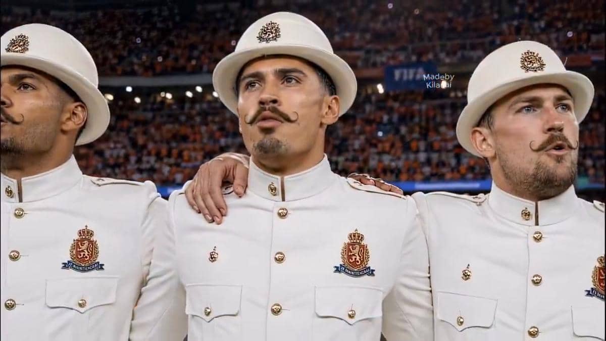 Tiga pria mengenakan seragam putih bergaya kolonial dengan topi dan kumis melengkung, berdiri berdampingan di stadion penuh penonton.
