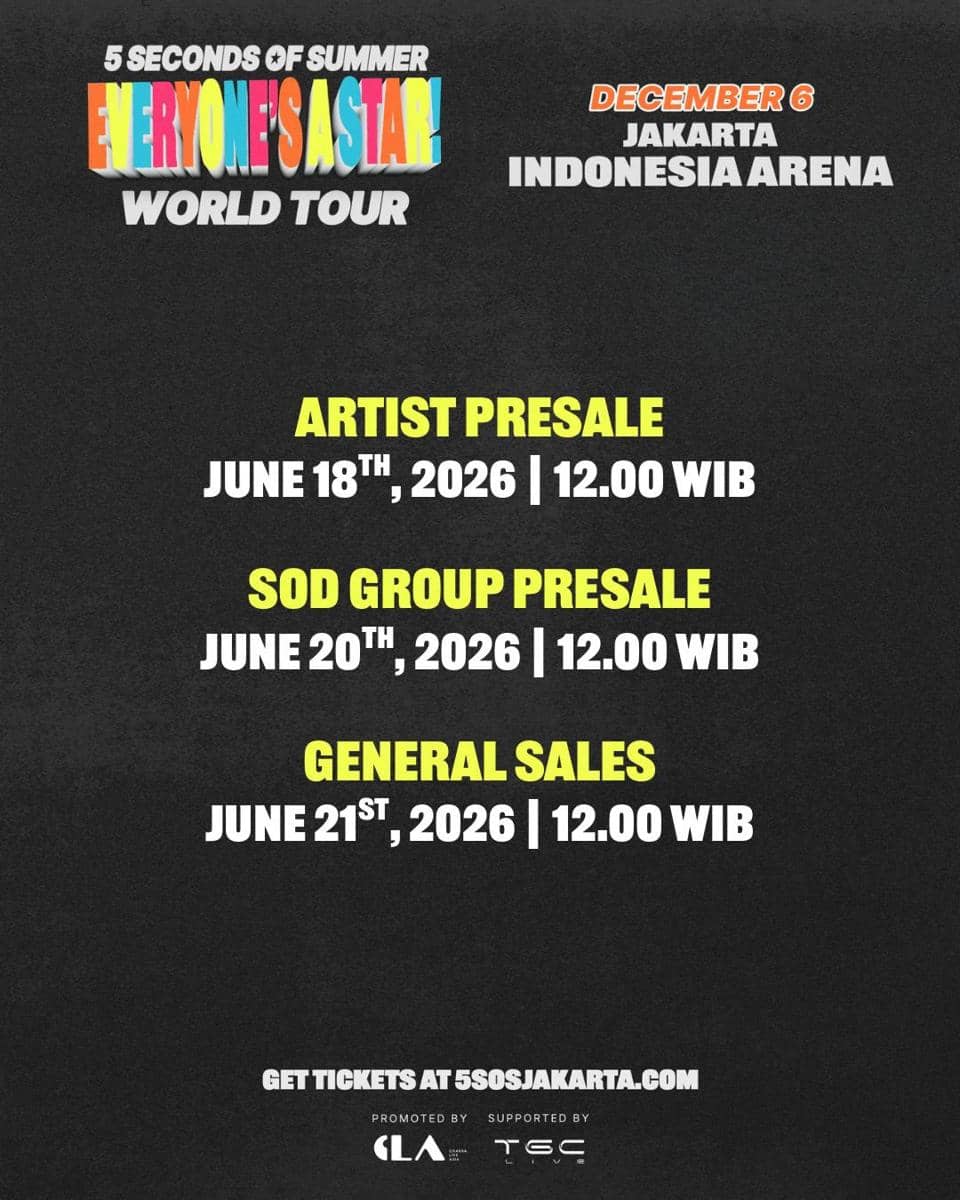 Poster tur dunia 5 Seconds of Summer bertajuk Everyone’s A Star dengan jadwal konser di Jakarta pada 6 Desember 2026 di Indonesia Arena.