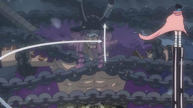Karakter Loki dari anime One Piece tampak berdarah dan terikat rantai besar akibat serangan kekuatan buah iblis Gunko.