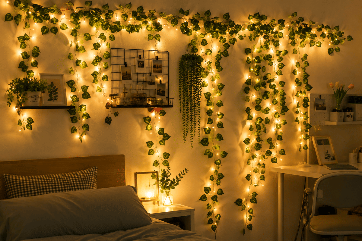 Hiasan Dinding dari Tanaman Rambat Artificial dan LED, Pinterest Banget