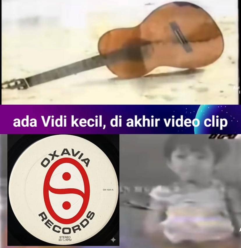Kolase berisi gitar tergeletak di pasir, logo Oxavia Records, dan cuplikan video anak kecil dengan teks ungu bertuliskan ada Vidi kecil di akhir video clip.