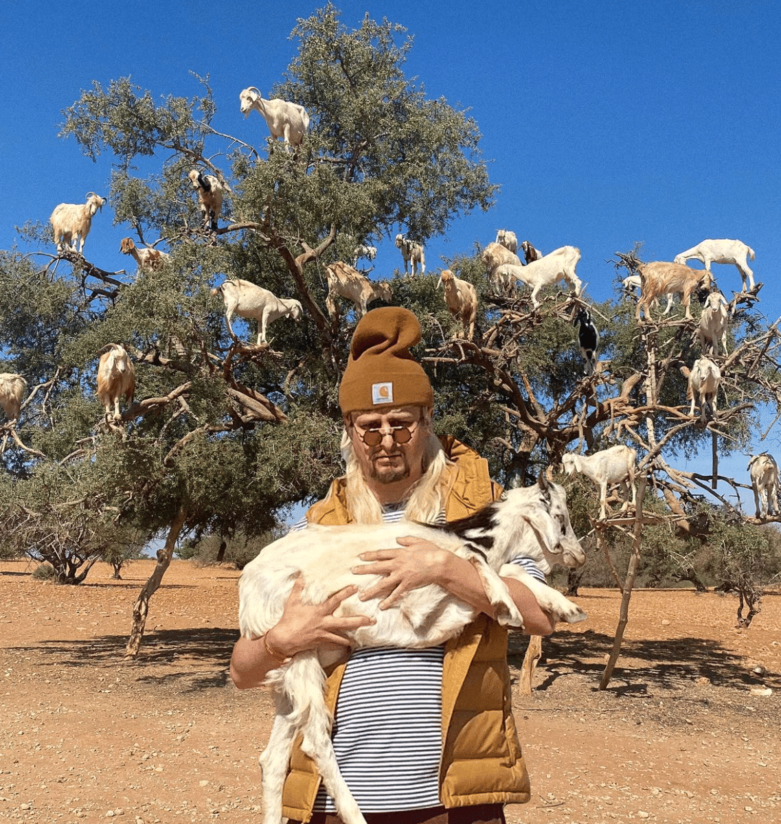 Seorang pria berjaket cokelat dan topi rajut memegang seekor kambing di padang gersang dengan banyak kambing berdiri di atas pohon di belakangnya.