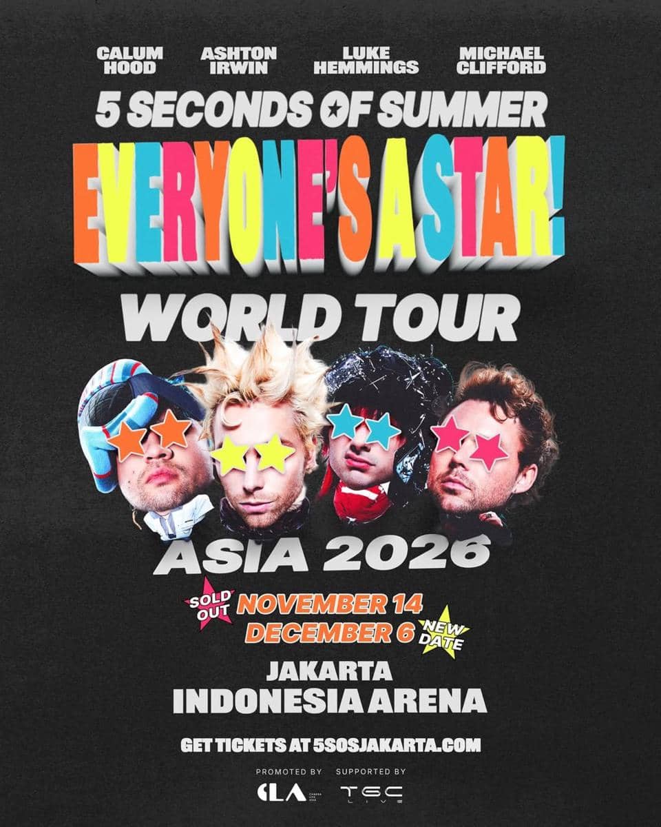 Poster tur dunia 5 Seconds of Summer bertajuk Everyone’s A Star dengan jadwal konser di Jakarta, Indonesia Arena tahun 2026.