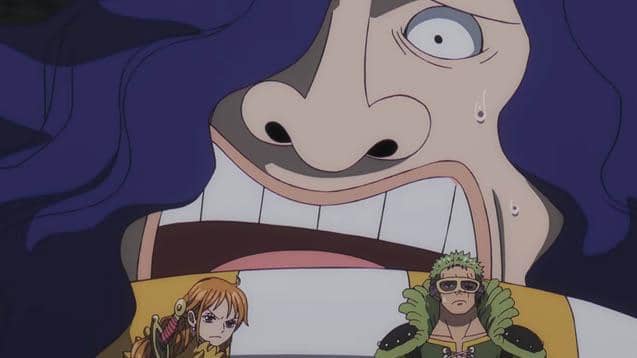 Road, Nami, dan Zoro dari anime One Piece tampak dalam adegan menegangkan dengan ekspresi terkejut dan serius.