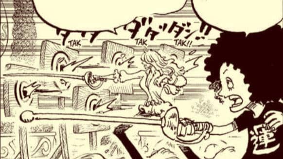Brook berlatih menggunakan pedang bersama Candelle dalam adegan manga One Piece, memperlihatkan latihan teknik bertarung.