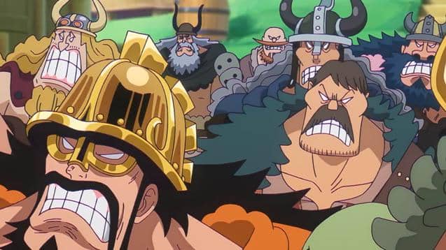 Sekelompok karakter raksasa dari anime One Piece tampak marah dengan ekspresi tegang dan berteriak di latar luar ruangan.